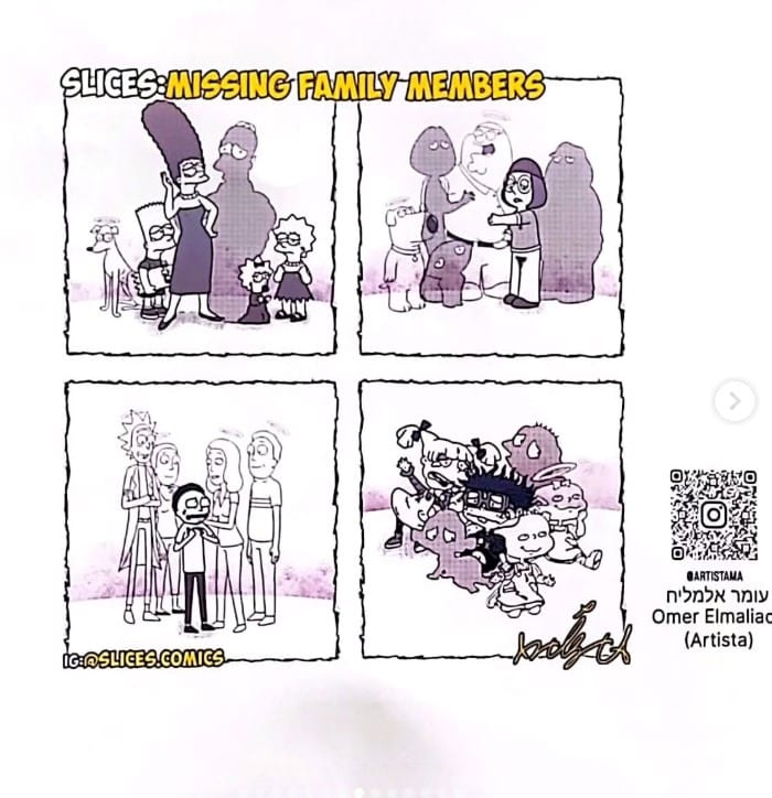 תמונת קריקטורה מהתערוכה, עם הכיתוב:
SLICES: MISSING A FAMILY MEMBER