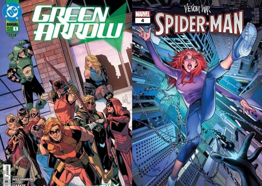 תמונה ימנית: כריכת גיליון Venom War: Spider-Man.
תמונה שמאלית: כריכת הקומיקס Green Arrow