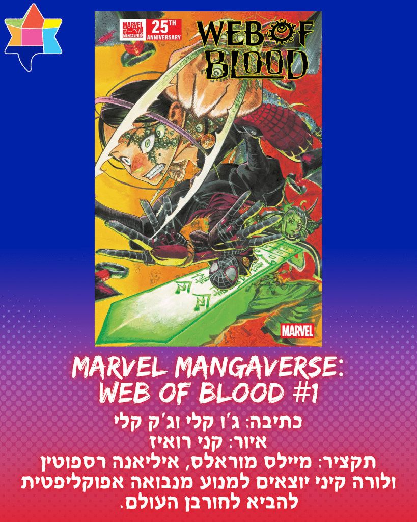 Marvel Mangaverse:
Web of Blood #1
כתיבה: ג'ו קלי וג'ק קלי
איור: קני רואיז
תקציר: מיילס מוראלס, איליאנה רספוטין ולורה קיני יוצאים למנוע מנבואה אפוקליפטית להביא לחורבן העולם.