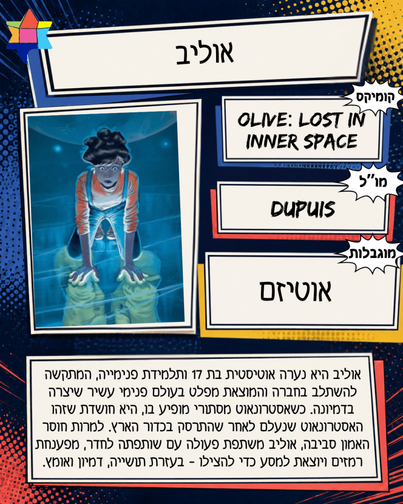 אוליב
Dupuis
אוטיזם
Olive: Lost in Inner Space
אוליב היא נערה אוטיסטית בת 17 ותלמידת פנימייה, המתקשה להשתלב בחברה והמוצאת מפלט בעולם פנימי עשיר שיצרה בדמיונה. כשאסטרונאוט מסתורי מופיע בו, היא חושדת שזהו האסטרונאוט שנעלם לאחר שהתרסק בכדור הארץ. למרות חוסר האמון סביבה, אוליב משתפת פעולה עם שותפתה לחדר, מפענחת רמזים ויוצאת למסע כדי להצילו - בעזרת תושייה, דמיון ואומץ.