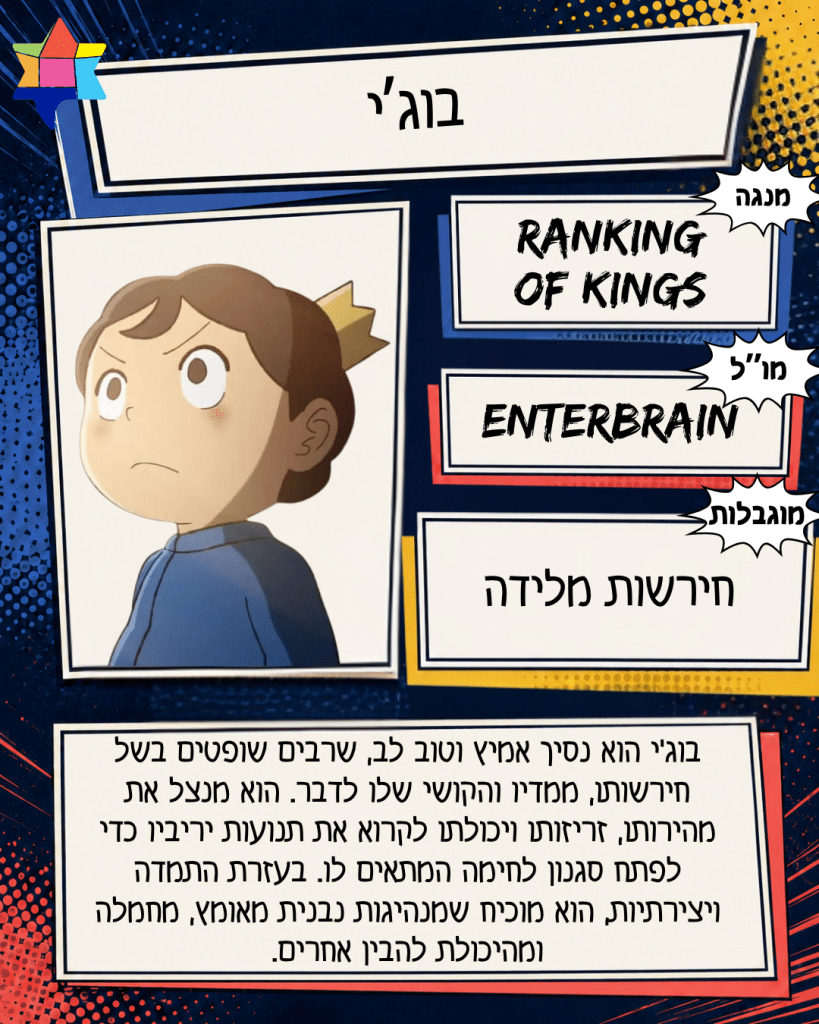 בוג'י
Enterbrain
חירשות מלידה
Ranking
of Kings
בוג׳י הוא נסיך אמיץ וטוב לב, שרבים שופטים בשל חירשותו, ממדיו והקושי שלו לדבר. הוא מנצל את מהירותו, זריזותו ויכולתו לקרוא את תנועות יריביו כדי לפתח סגנון לחימה המתאים לו. בעזרת התמדה ויצירתיות, הוא מוכיח שמנהיגות נבנית מאומץ, מחמלה ומהיכולת להבין אחרים.