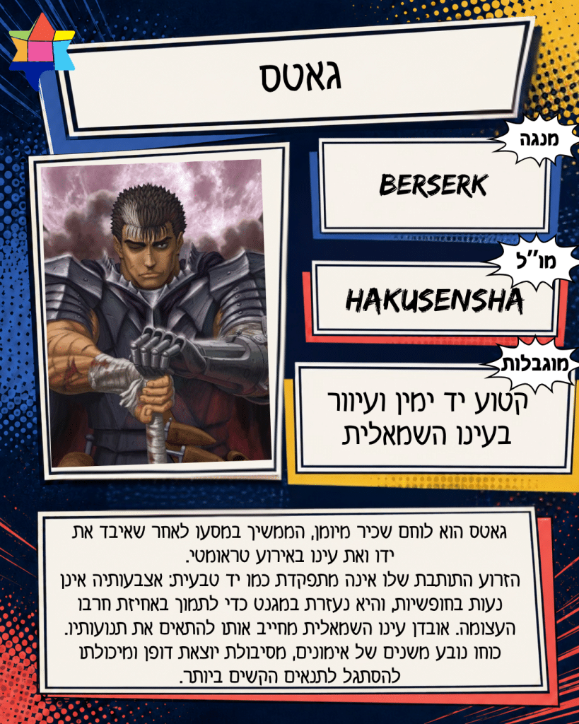 גאטס
Hakusensha
קטוע יד ימין ועיוור בעינו השמאלית
BERSERK
גאטס הוא לוחם שכיר מיומן, הממשיך במסעו לאחר שאיבד את
ידו ואת עינו באירוע טראומטי.
הזרוע התותבת שלו אינה מתפקדת כמו יד טבעית: אצבעותיה אינן נעות בחופשיות, והיא נעזרת במגנט כדי לתמוך באחיזת חרבו העצומה. אובדן עינו השמאלית מחייב אותו להתאים את תנועותיו. כוחו נובע משנים של אימונים, מסיבולת יוצאת דופן ומיכולתו להסתגל לתנאים הקשים ביותר.