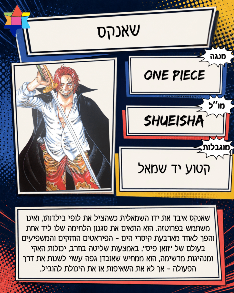 שאנקס
Shueisha
קטוע יד שמאל
One Piece
שאנקס איבד את ידו השמאלית כשהציל את לופי בילדותו, ואינו משתמש בפרוטזה. הוא התאים את סגנון הלחימה שלו ליד אחת והפך לאחד מארבעת קיסרי הים - הפיראטים החזקים והמשפיעים בעולם של ״וואן פיס״. באמצעות שליטה בחרב, יכולות האקי ומנהיגות מרשימה, הוא ממחיש שאובדן גפה עשוי לשנות את דרך הפעולה - אך לא את השאיפות או את היכולת להוביל.